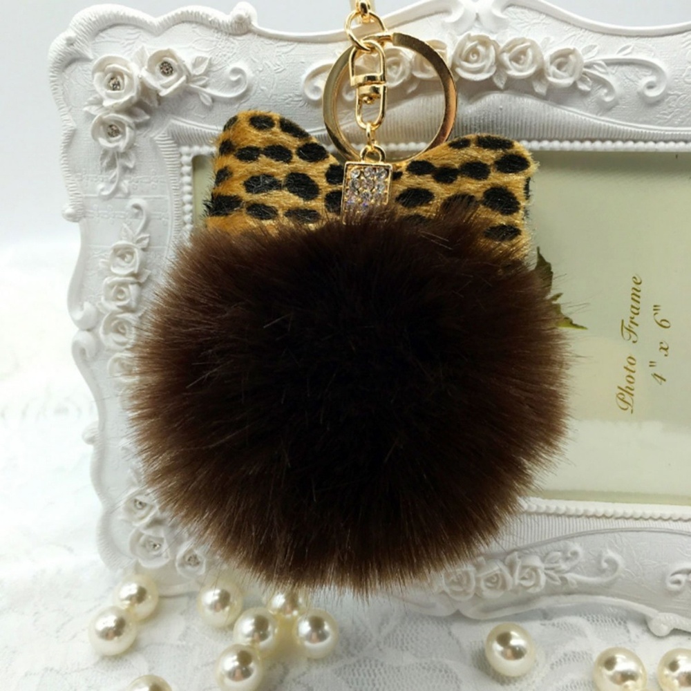 Brown Leopard Bow Pompom Keychain